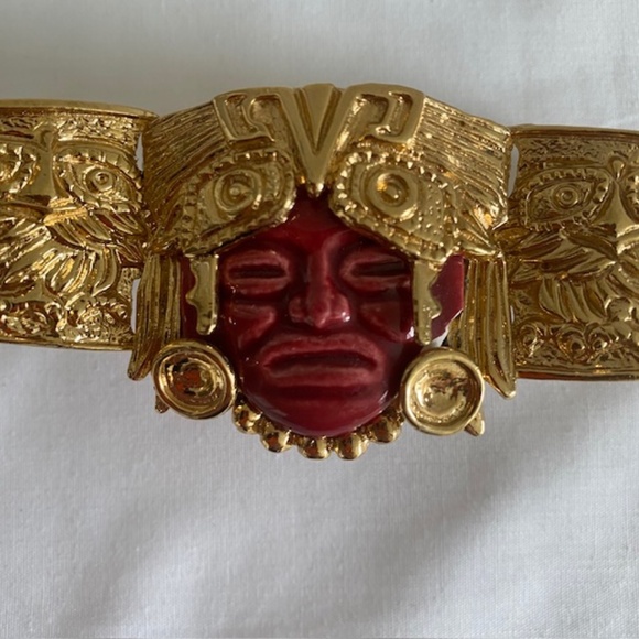 Signed Salvador Marbel Mexico 22K Gold Plated Mayan Carved Ceramic Face Set - Picture 3 of 7